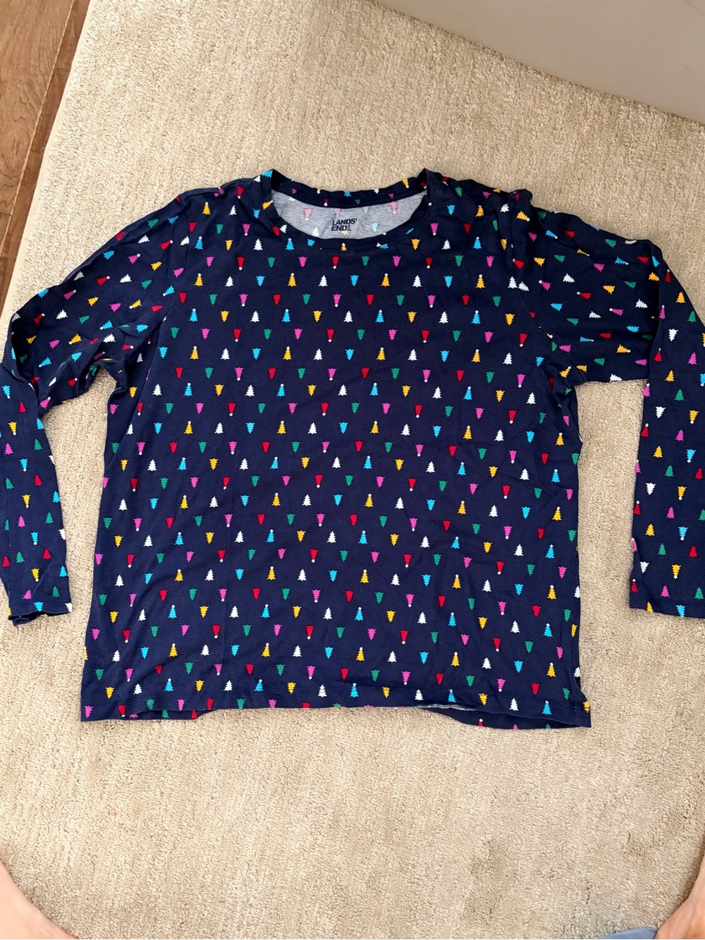 Lands' End Navy Long-Sleeve Christmas Tree Print Top